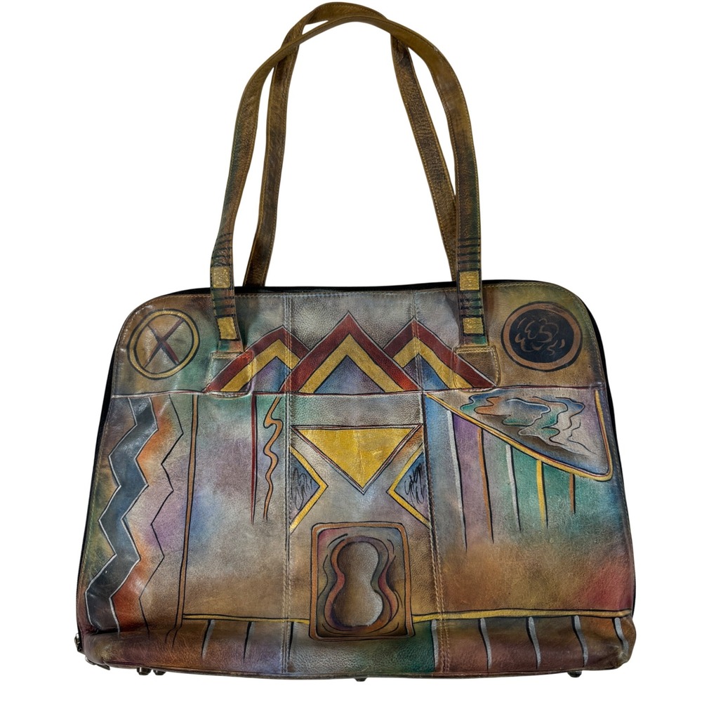 Anuschka Hand Painted Genuine Leather Abstract Geometric Tote Bag Boho Western